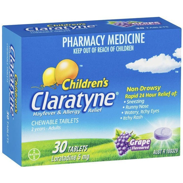 Claratyne儿童花粉症和抗过敏抗组胺葡萄味30咀嚼片
