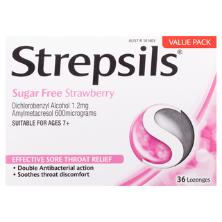 Strepsils Sore Throat Relief Lozenges Sugar Free Strawberry 36 Pack