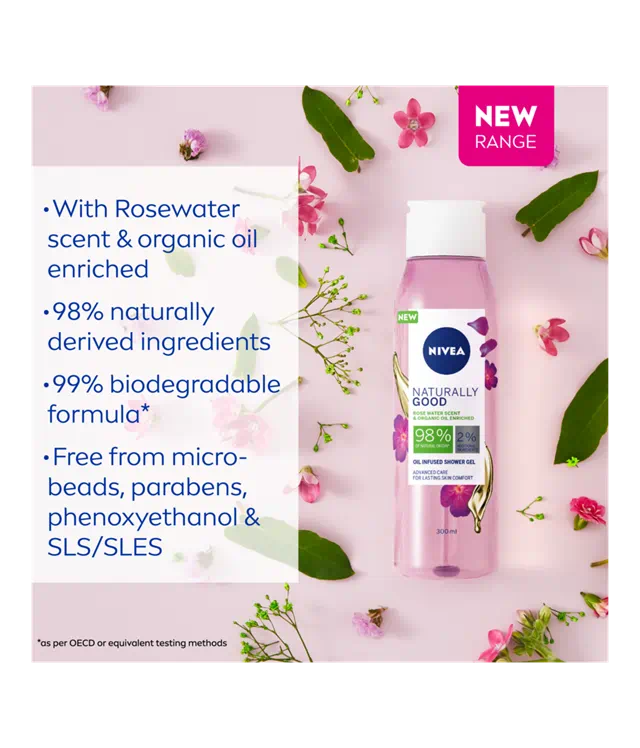 GEL TẮM DẦU HỮU CƠ NIVEA NATURALLY GOOD ROSE WATER SCENT & ORGANIC OIL SHOWER 300ml