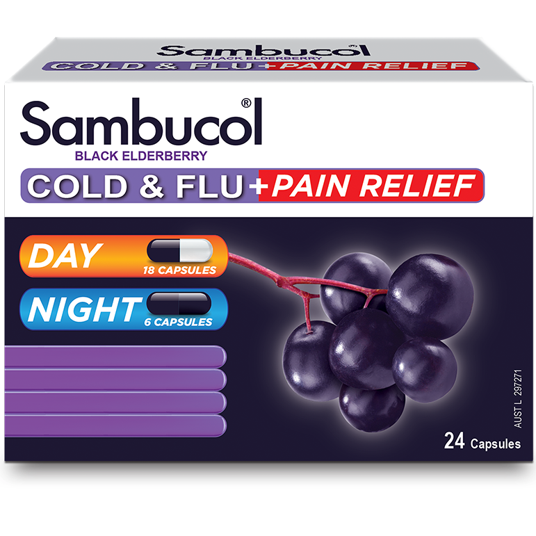 Sambucol Black Elderberry Cold & Flu + Pain Relief 24 Capsules