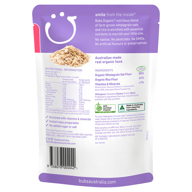 Bubs Organic Baby Oats Cereal Months+ 125g – Better Value