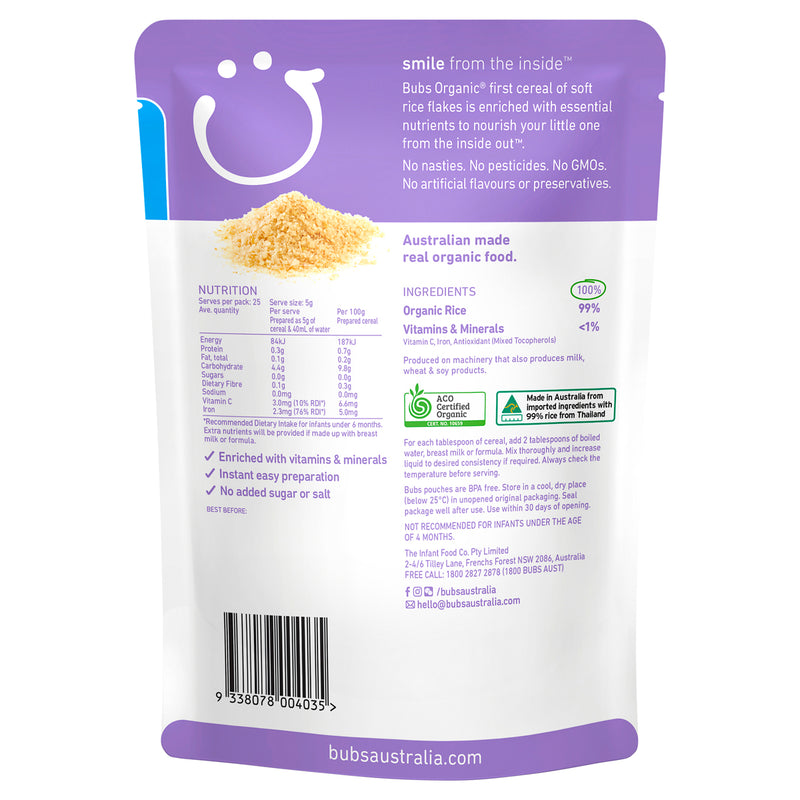 Bubs Organic Baby Rice Cereal 4 Months+ 125g
